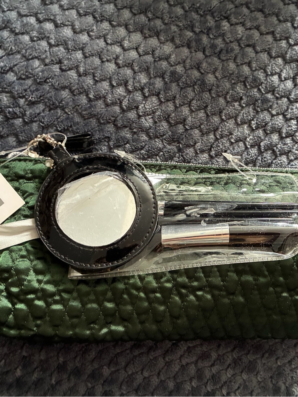 Modella Green Quilted Cosmetic and/or Phone Pouch with Mirror